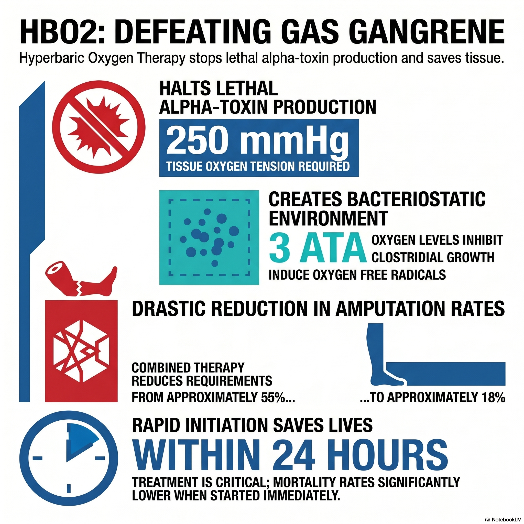Infografika oor gasgangreen (klostridiale mionekrose) en hoe hiperbariese suurstof toksien-produksie stuit
