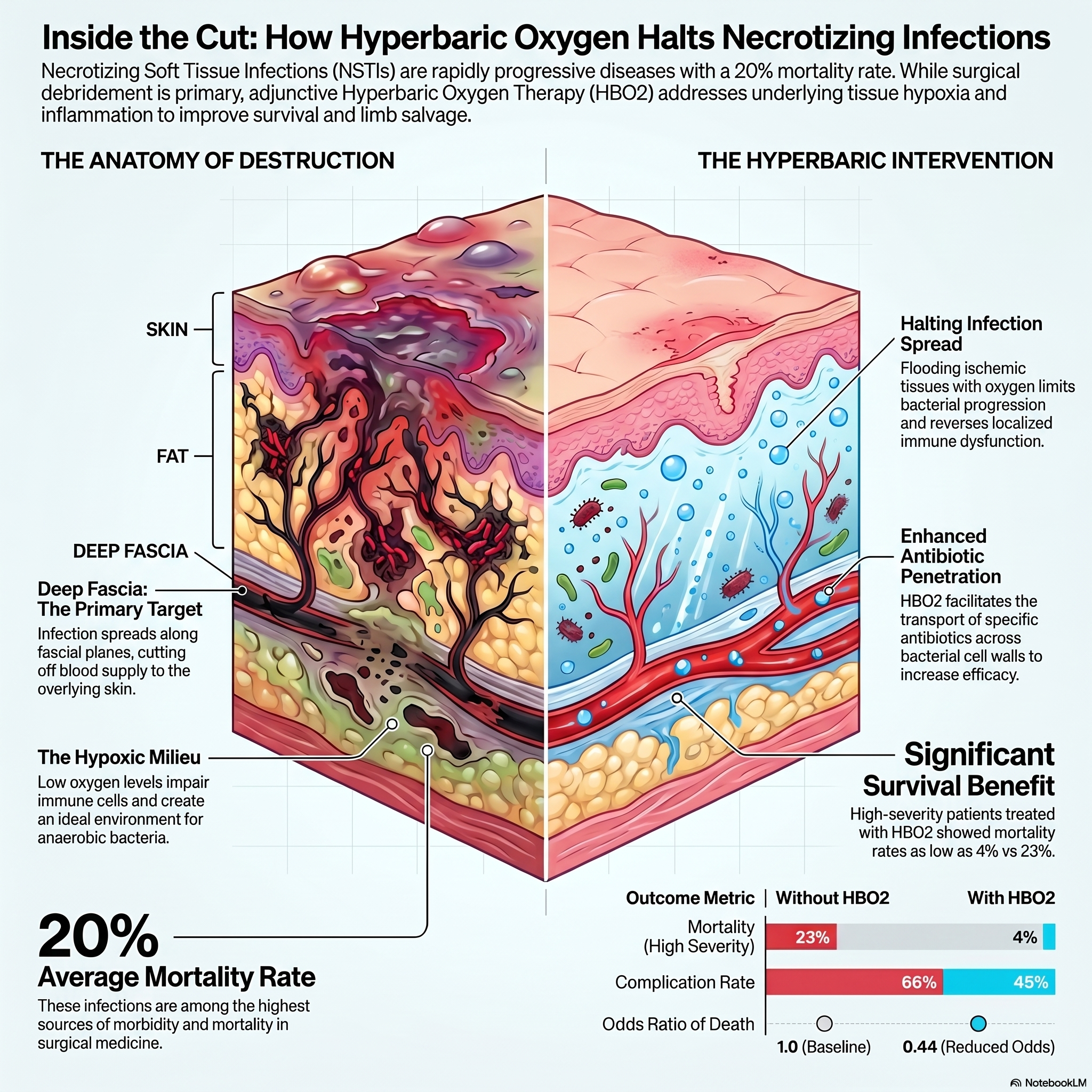 Infografika oor hoe hiperbariese suurstofterapie nekrotiserende sagteweefsel-infeksies behandel - heroksigenering van isgemiese weefsel, versterking van antibiotika, en modulering van die immuunrespons