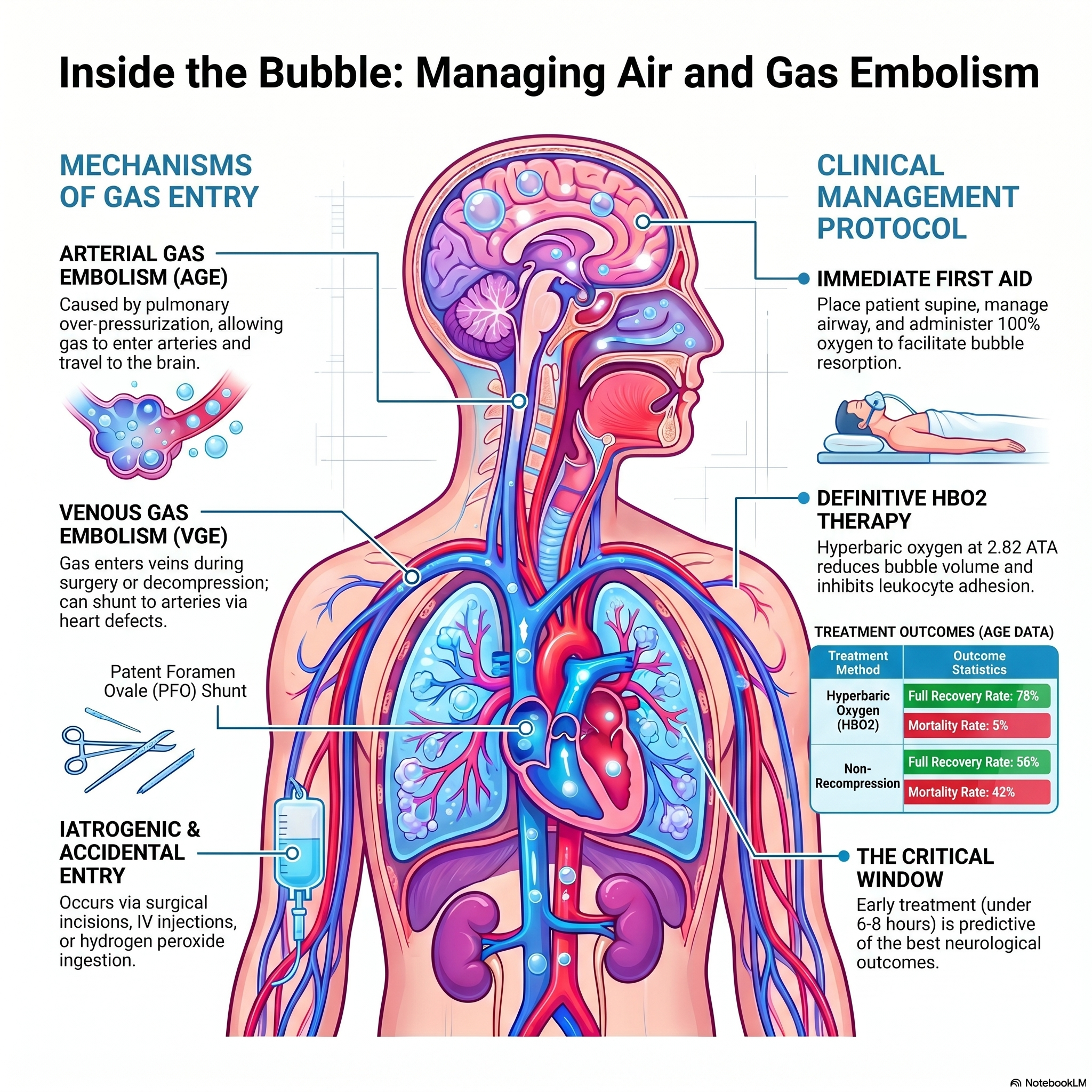 Infografika oor die bestuur van lug- en gasembolie - arteriële teenoor veneuse gasembolie, diagnose, posisionering, en hiperbariese suurstof-behandeling