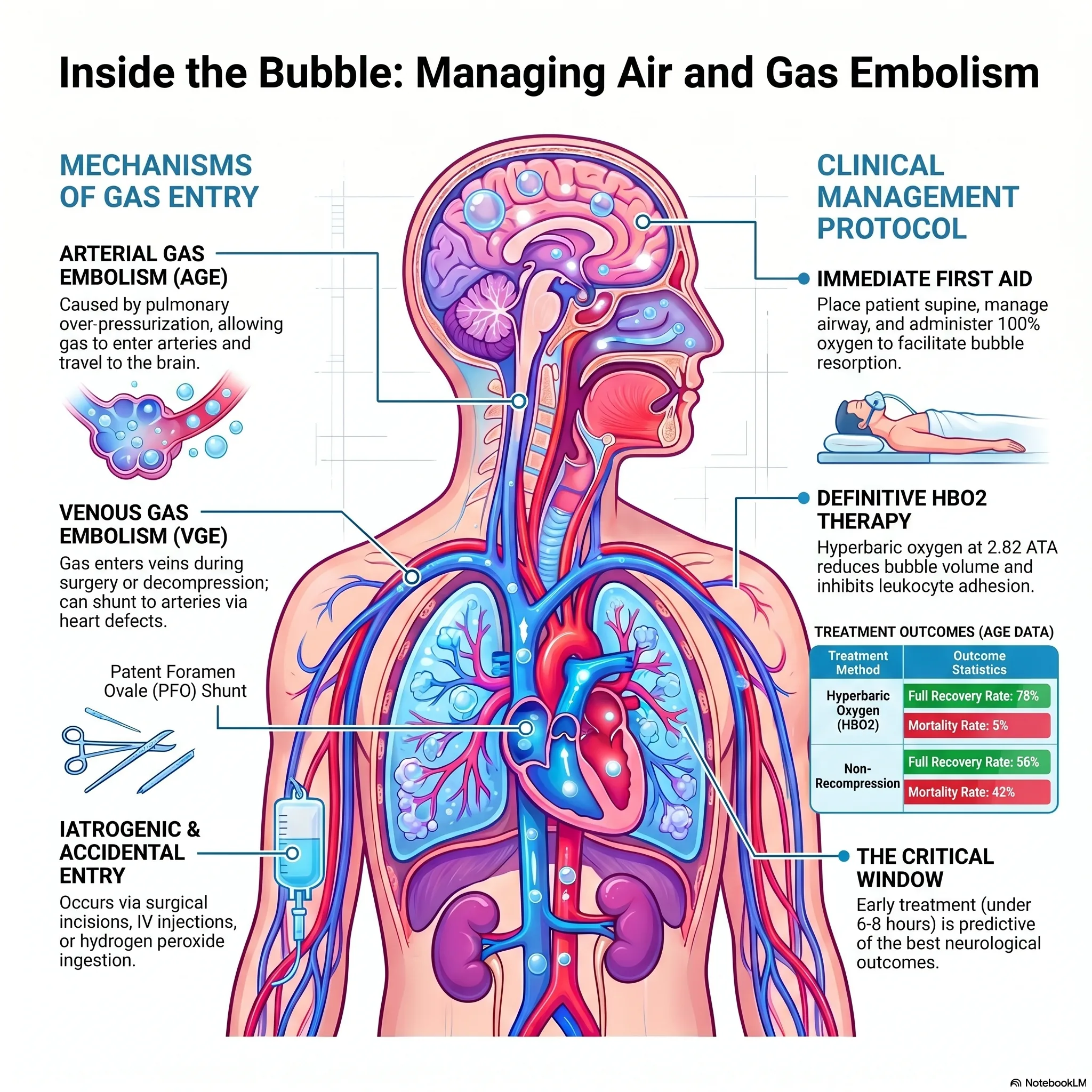 Infografika oor die bestuur van lug- en gasembolie - arteriële teenoor veneuse gasembolie, diagnose, posisionering, en hiperbariese suurstof-behandeling