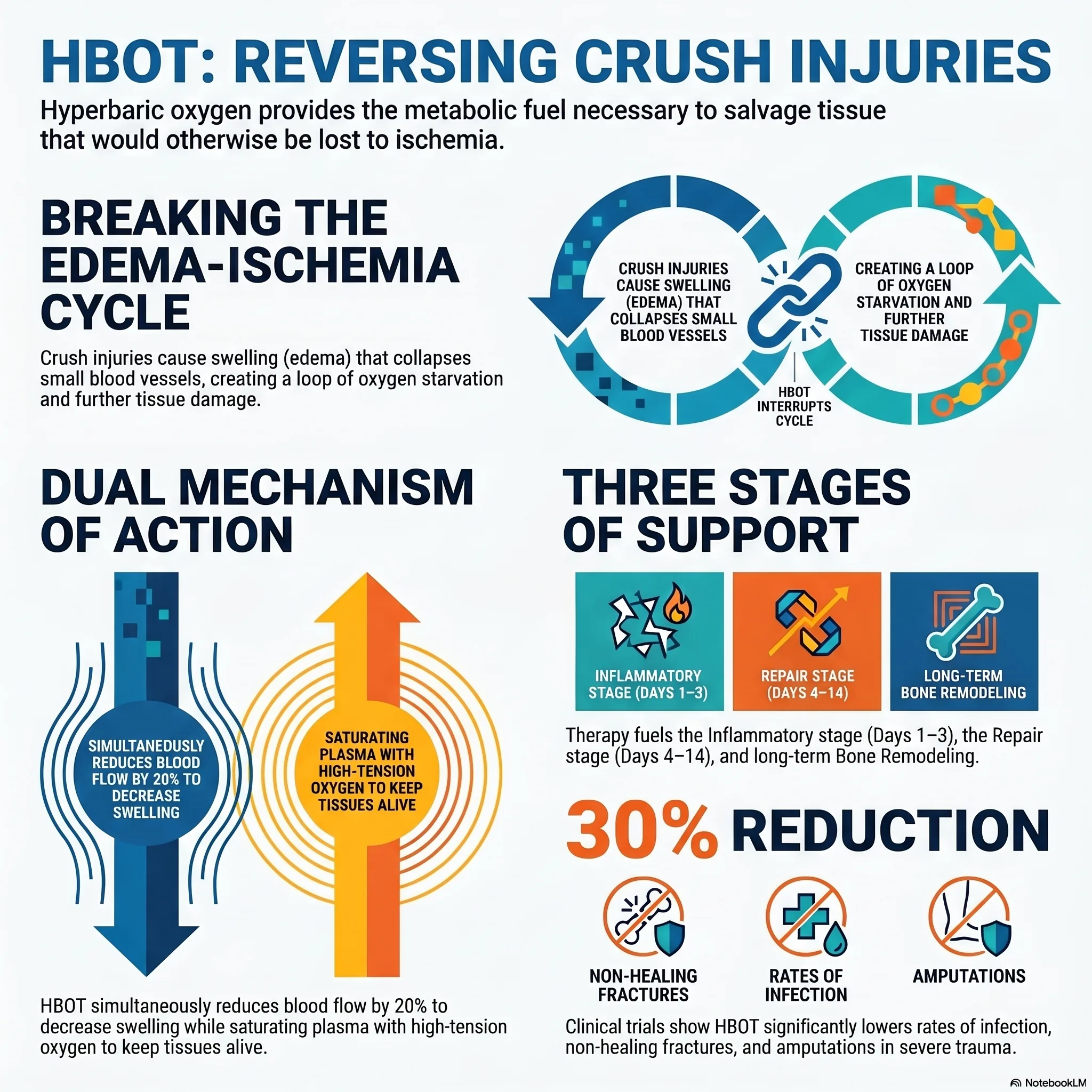 Infografika oor hoe hiperbariese suurstof herstel in vergruisbesering en akute traumatiese isgemie bevorder