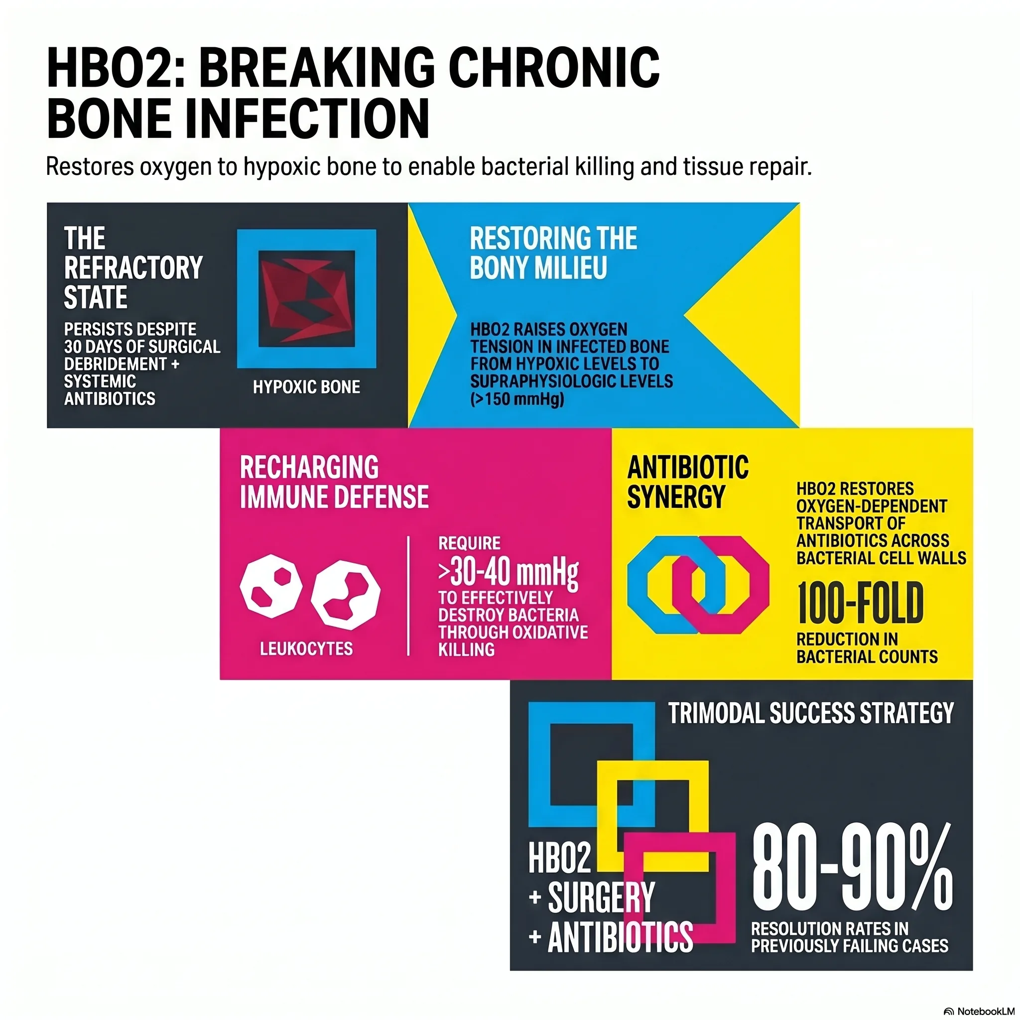 Infografika oor hoe hiperbariese suurstof help om refraktêre osteomiëlitis te genees